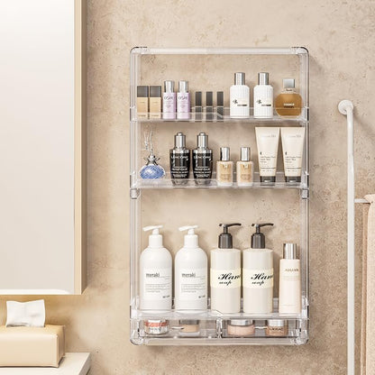 BOHOIDEE 3-Tier Wall Acrylic Display Shelves with 2 Division Boards, Large Capacity Acrylic Bathroom Organizer, Wall-Mounted Dustproof Makeup Organizer Storage for Bathroom, Kitchen, Room Decor Avelisse