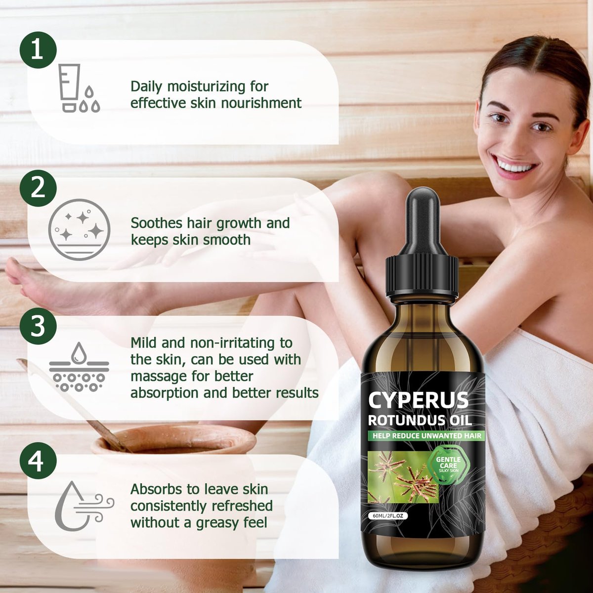 SKSOYT Cyperus Rotundus Oil for Hair Removal - Natural Oil to Reduce Unwanted Hair Growth, Soothing & Moisturizing, Shrinks Pores, Smooth Skin Care, Suitable for All Skin Types (2 Fl Oz) - görsel 9