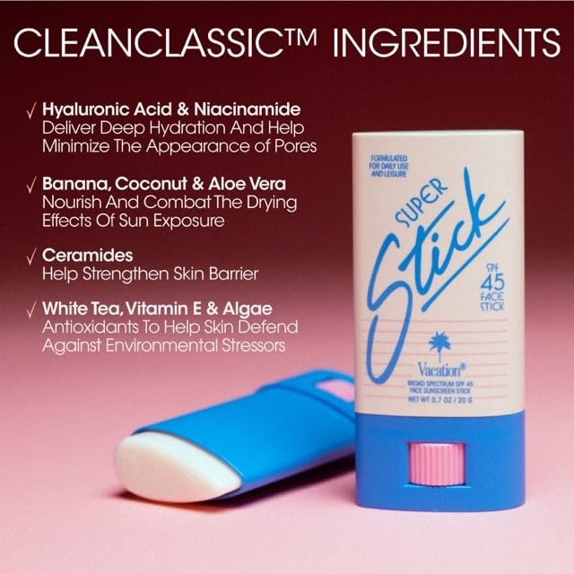 Vacation Super Stick SPF 45 Clear Face Sunscreen & Air Freshener Bundle – Travel Size Sunblock with Hyaluronic Acid, Vegan Daily Protection, 0.7 oz Avelisse