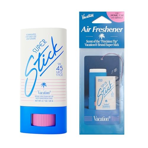 Vacation Super Stick SPF 45 Clear Face Sunscreen & Air Freshener Bundle – Travel Size Sunblock with Hyaluronic Acid, Vegan Daily Protection, 0.7 oz Avelisse