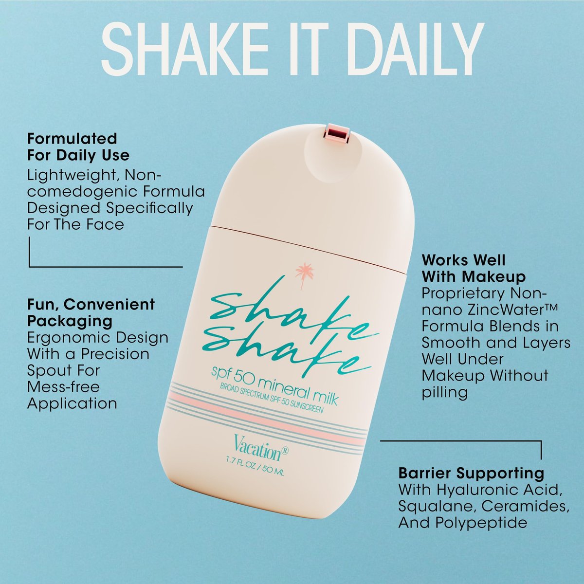 Vacation Shake Shake SPF 50 Mineral Milk Face Sunscreen - Non-Comedogenic, Streak-Free, Water-Resistant Broad Spectrum Sun Block, Non-Nano Zinc Formula, Vegan, Moisturizer with SPF, 1.7 Fl. Oz. Avelisse