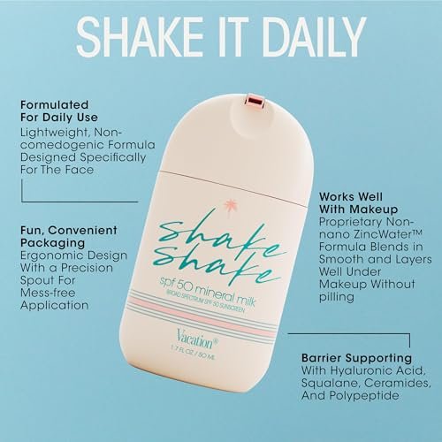 Vacation Shake Shake SPF 50 Mineral Milk Face Sunscreen - Non-Comedogenic, Streak-Free, Water-Resistant Broad Spectrum Sun Block, Non-Nano Zinc Formula, Vegan, Moisturizer with SPF, 1.7 Fl. Oz. Avelisse