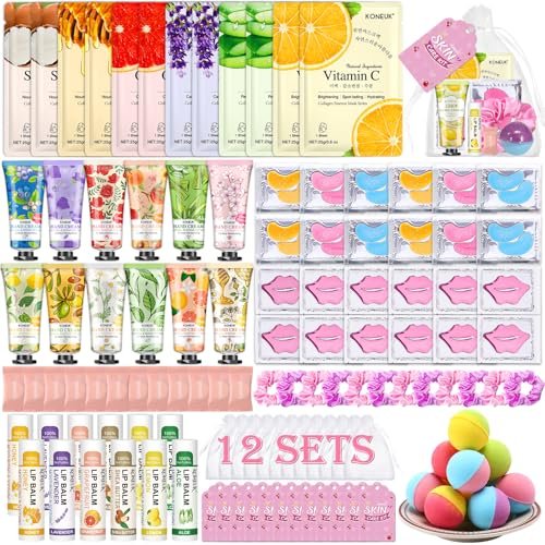 KONEUK 120 PCS Spa Party Supplies for Women - Luxury Skincare Favors Set with Face Masks, Hand Cream, Lip Balm, Under Eye Patches, Lip Mask & Foot Bath Bombs for Birthday Sleepover Avelisse