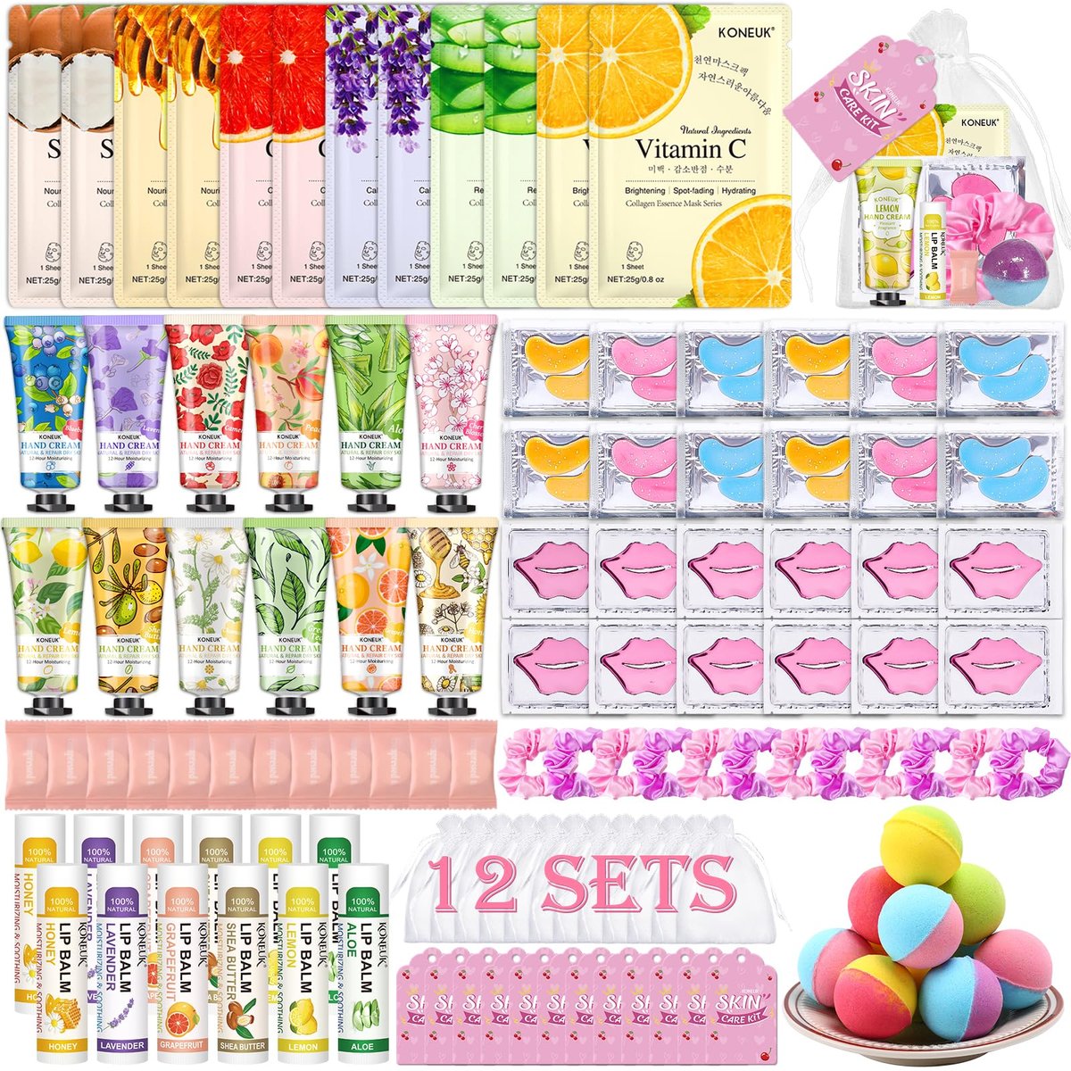 KONEUK 120 PCS Spa Party Supplies for Women - Luxury Skincare Favors Set with Face Masks, Hand Cream, Lip Balm, Under Eye Patches, Lip Mask & Foot Bath Bombs for Birthday Sleepover Avelisse