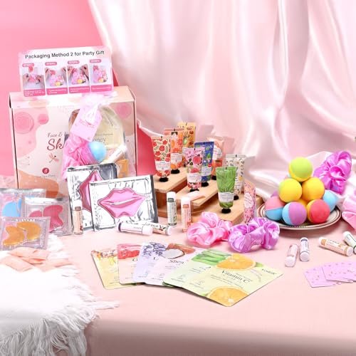 KONEUK 120 PCS Spa Party Supplies for Women - Luxury Skincare Favors Set with Face Masks, Hand Cream, Lip Balm, Under Eye Patches, Lip Mask & Foot Bath Bombs for Birthday Sleepover Avelisse