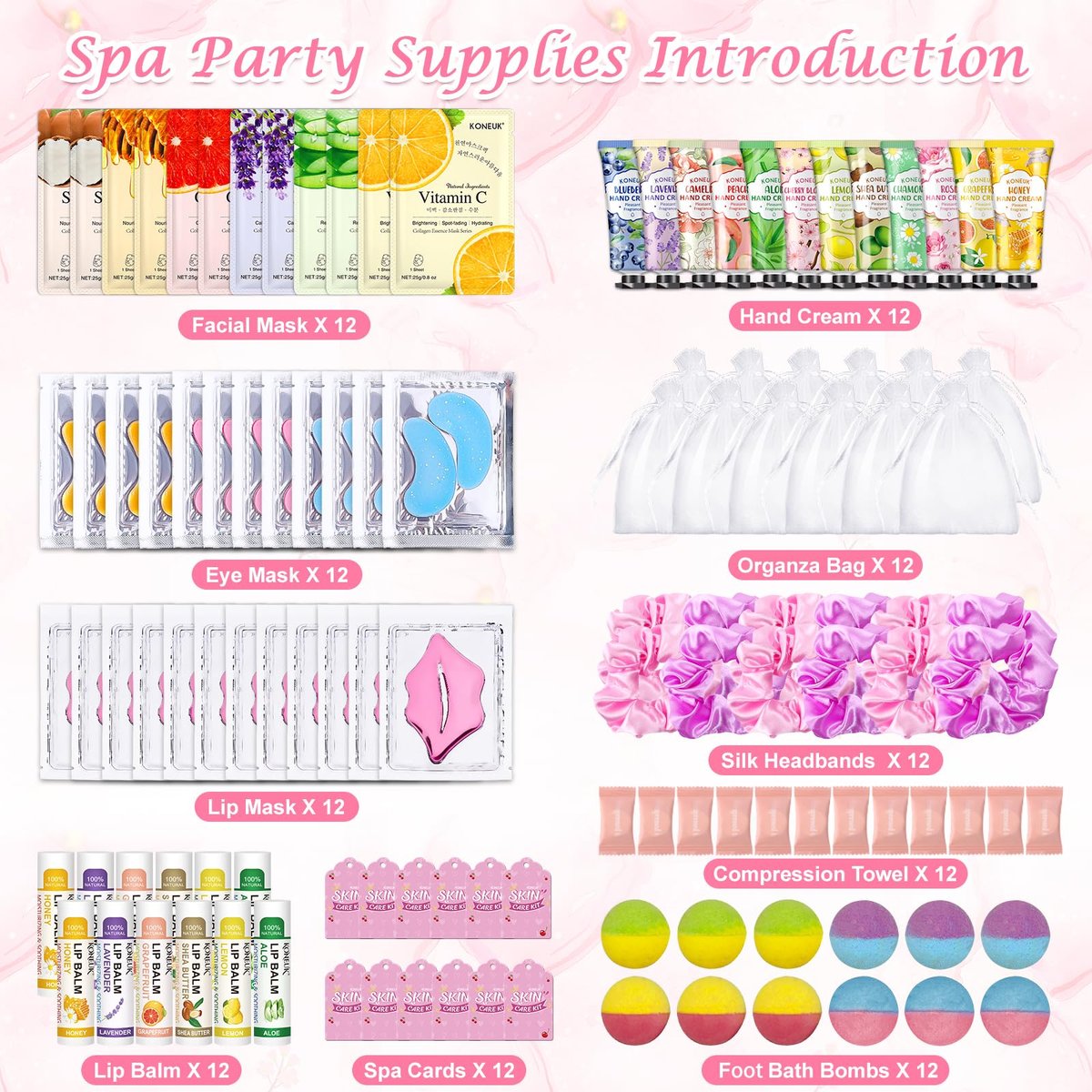KONEUK 120 PCS Spa Party Supplies for Women - Luxury Skincare Favors Set with Face Masks, Hand Cream, Lip Balm, Under Eye Patches, Lip Mask & Foot Bath Bombs for Birthday Sleepover Avelisse