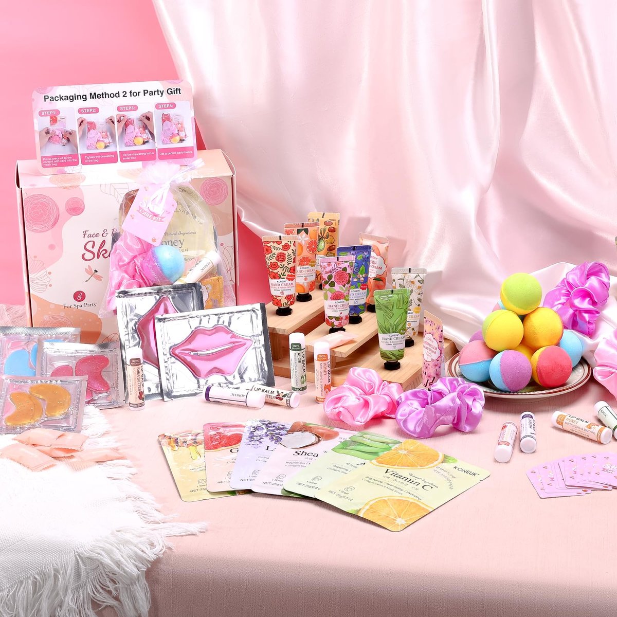 KONEUK 120 PCS Spa Party Supplies for Women - Luxury Skincare Favors Set with Face Masks, Hand Cream, Lip Balm, Under Eye Patches, Lip Mask & Foot Bath Bombs for Birthday Sleepover Avelisse