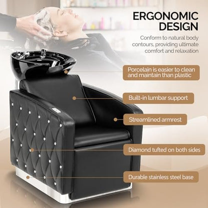OmySalon Electric Shampoo Chair with Reclining Legrest & Tilting Porcelain Sink – Backwash Barber Station for Salon, Spa, Barbershop