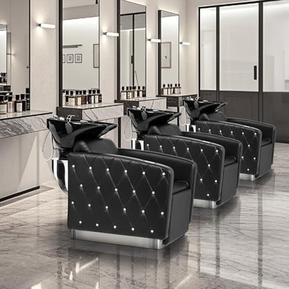 OmySalon Electric Shampoo Chair with Reclining Legrest & Tilting Porcelain Sink – Backwash Barber Station for Salon, Spa, Barbershop