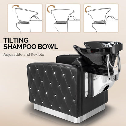 OmySalon Electric Shampoo Chair with Reclining Legrest & Tilting Porcelain Sink – Backwash Barber Station for Salon, Spa, Barbershop
