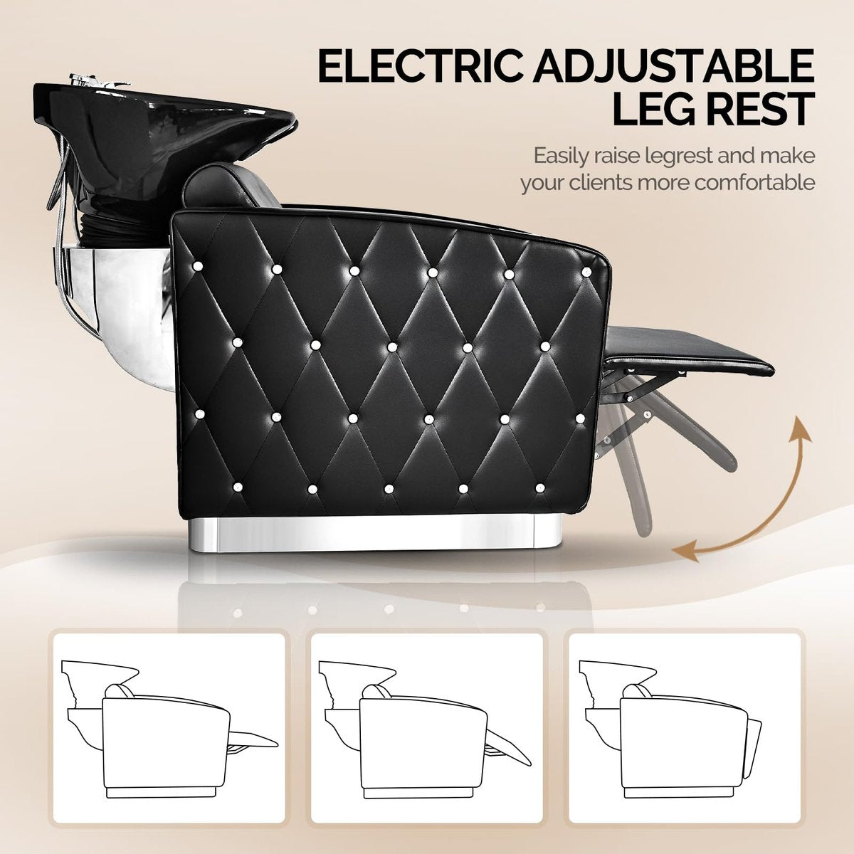 OmySalon Electric Shampoo Chair with Reclining Legrest & Tilting Porcelain Sink – Backwash Barber Station for Salon, Spa, Barbershop - görsel 9