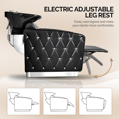 OmySalon Electric Shampoo Chair with Reclining Legrest & Tilting Porcelain Sink – Backwash Barber Station for Salon, Spa, Barbershop