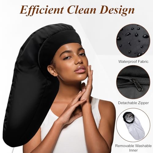 Heated Cap for Deep Conditioning: Upgraded Extra Large 10-Level Fast Heating 3 Time Settings Hair Steamer Cap for Natural Black Hair - Deep Black Avelisse