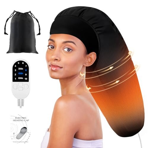 Heated Cap for Deep Conditioning: Upgraded Extra Large 10-Level Fast Heating 3 Time Settings Hair Steamer Cap for Natural Black Hair - Deep Black Avelisse