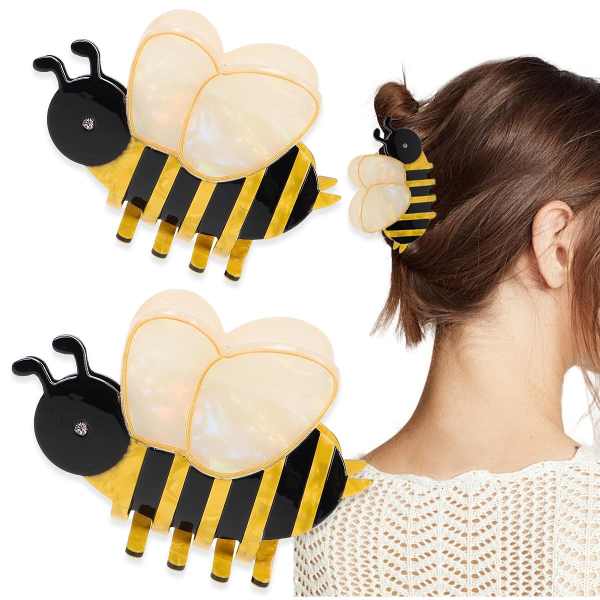 2 PCS Honeybee Hair Claw Clip - Cute Acetate Bee Hair Clip for Women Girls, Anti-slip Hairpin for Thick Hair, Fashion Animal Hairstyle Decoration (2 Sizes, Yellow) - görsel 1