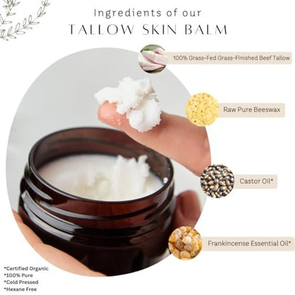Untamed Organics Handmade Tallow, Castor Oil, and Frankincense Oil Skin Balm - 100% Grass-Fed Tallow for Skin Care - Face & Body Moisturizer for Sensitive Skin, Eczema All-Purpose Balm - 2 FL. oz.