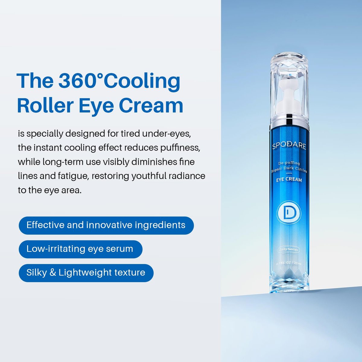 SPODARE Caffeine Eye Cream - Under Eye Cream for Dark Circles, Puffiness & Puffy Bags, Wrinkles Fine Lines, Eye Roller Serum with 360° Massage Ball for Women and Men - 0.7 fl. oz Avelisse