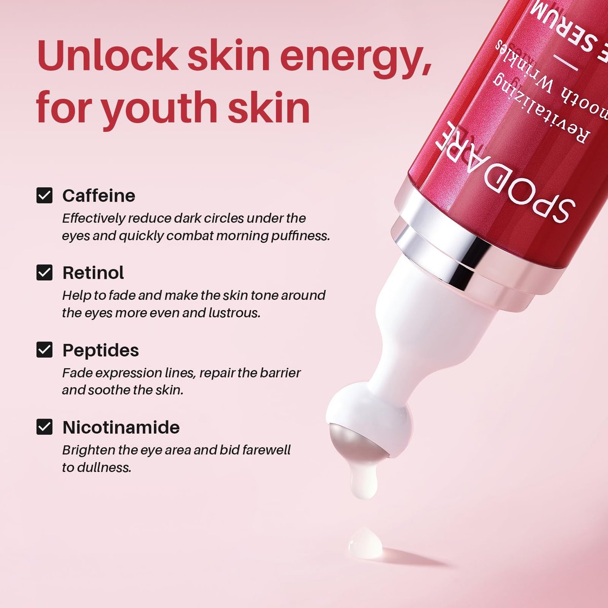SPODARE Caffeine & Retinol Eye Serum with 360° Massage Ball - Dark Circles, Puffiness & Wrinkles Treatment Avelisse