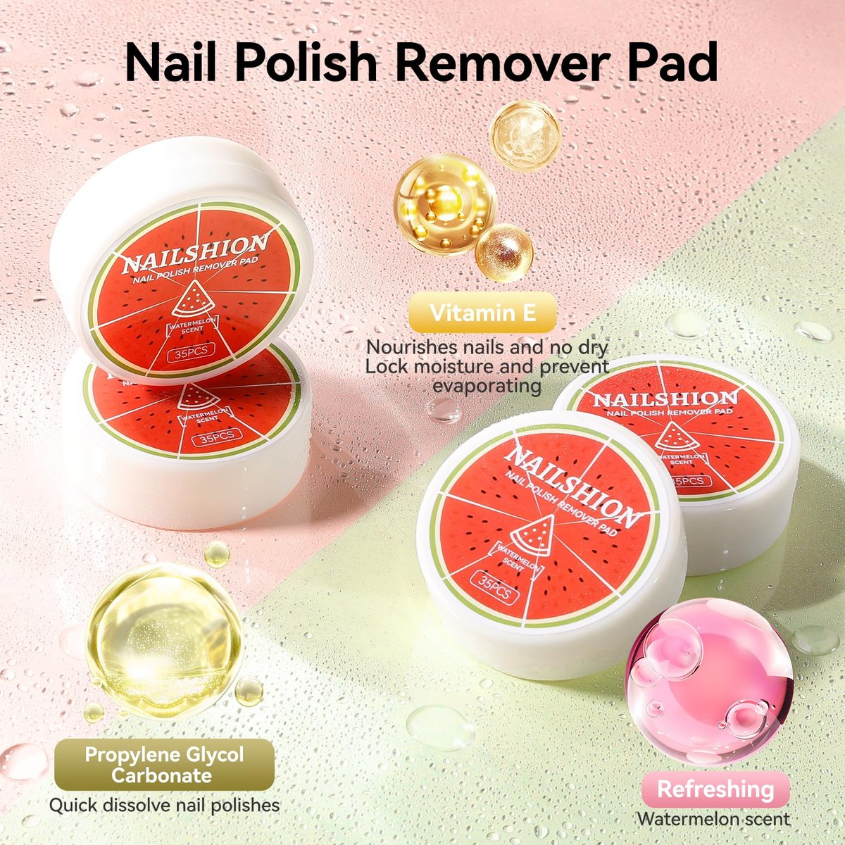 Nailshion Nail Polish Remover Pads, 140 Pcs Travel Fingernail Polishes Wipes in 4 Boxes, Non-Acetone | 3-5s Quick Removal | VE Moisturizing, Lint-free Handy Wipes to Clean Polish, Watermelon Scent - görsel 3