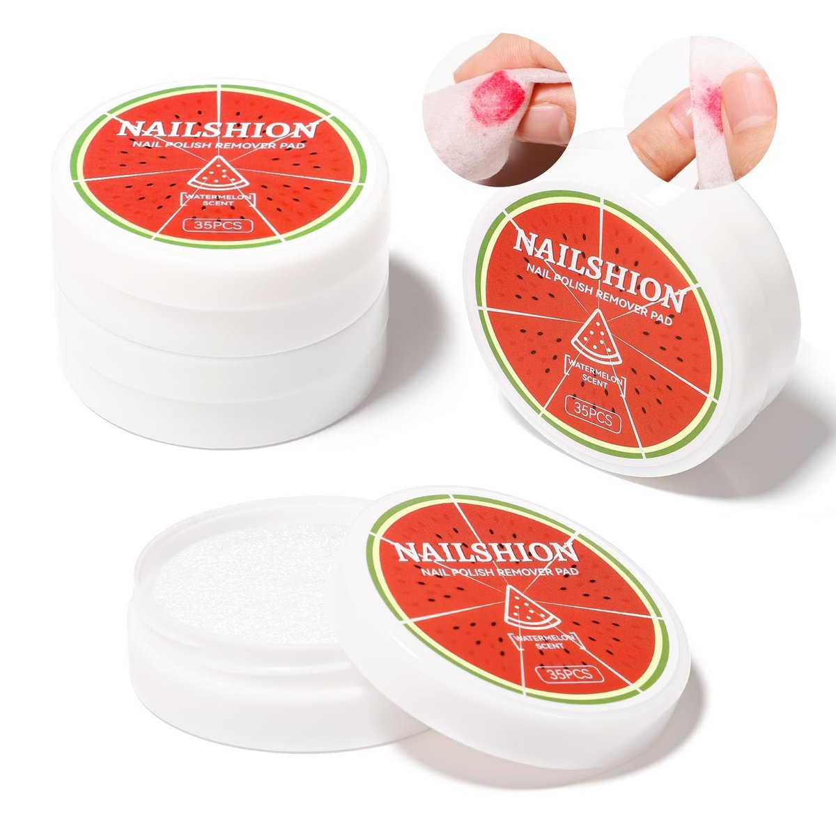 Nailshion Nail Polish Remover Pads, 140 Pcs Travel Fingernail Polishes Wipes in 4 Boxes, Non-Acetone | 3-5s Quick Removal | VE Moisturizing, Lint-free Handy Wipes to Clean Polish, Watermelon Scent - görsel 1