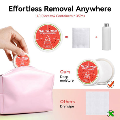 Nailshion Nail Polish Remover Pads, 140 Pcs Travel Fingernail Polishes Wipes in 4 Boxes, Non-Acetone | 3-5s Quick Removal | VE Moisturizing, Lint-free Handy Wipes to Clean Polish, Watermelon Scent