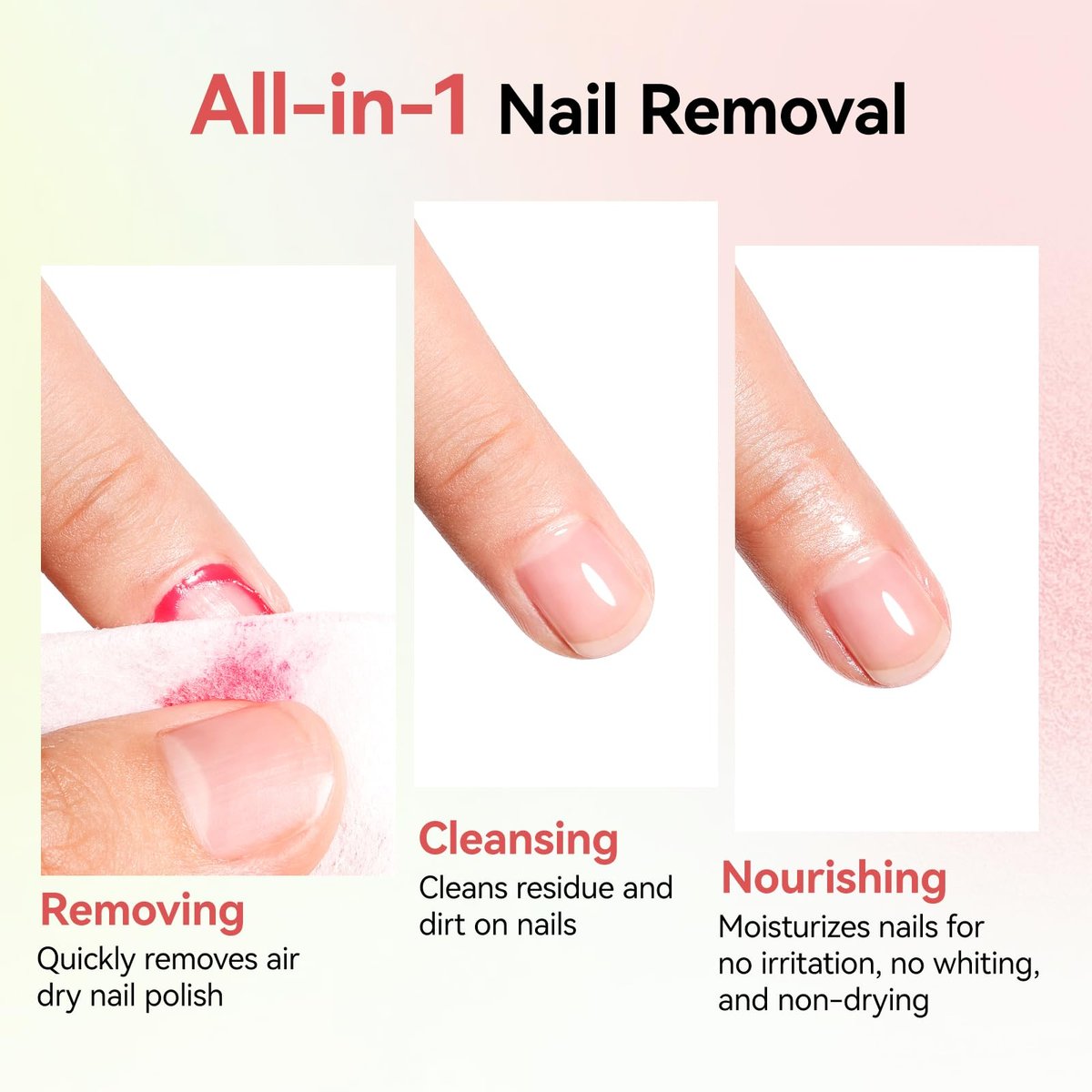 Nailshion Nail Polish Remover Pads, 140 Pcs Travel Fingernail Polishes Wipes in 4 Boxes, Non-Acetone | 3-5s Quick Removal | VE Moisturizing, Lint-free Handy Wipes to Clean Polish, Watermelon Scent - görsel 7