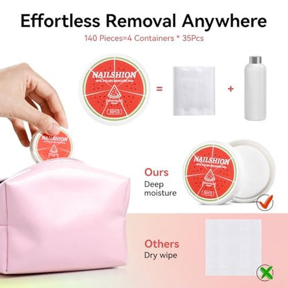 Nailshion Nail Polish Remover Pads, 140 Pcs Travel Fingernail Polishes Wipes in 4 Boxes, Non-Acetone | 3-5s Quick Removal | VE Moisturizing, Lint-free Handy Wipes to Clean Polish, Watermelon Scent