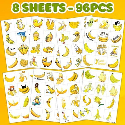 Banana Temporary Tattoos 8 Sheets 96PCS - Yellow Fruit Face Stickers for Kids & Adults, Game Day Sports Fan Accessories, Party Favors Decorations for Boys Girls School Carnival Prizes