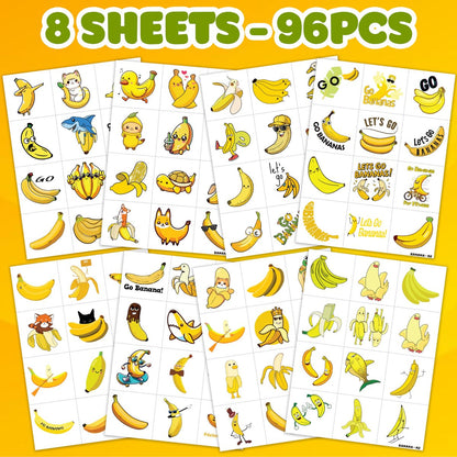 Banana Temporary Tattoos 8 Sheets 96PCS - Yellow Fruit Face Stickers for Kids & Adults, Game Day Sports Fan Accessories, Party Favors Decorations for Boys Girls School Carnival Prizes