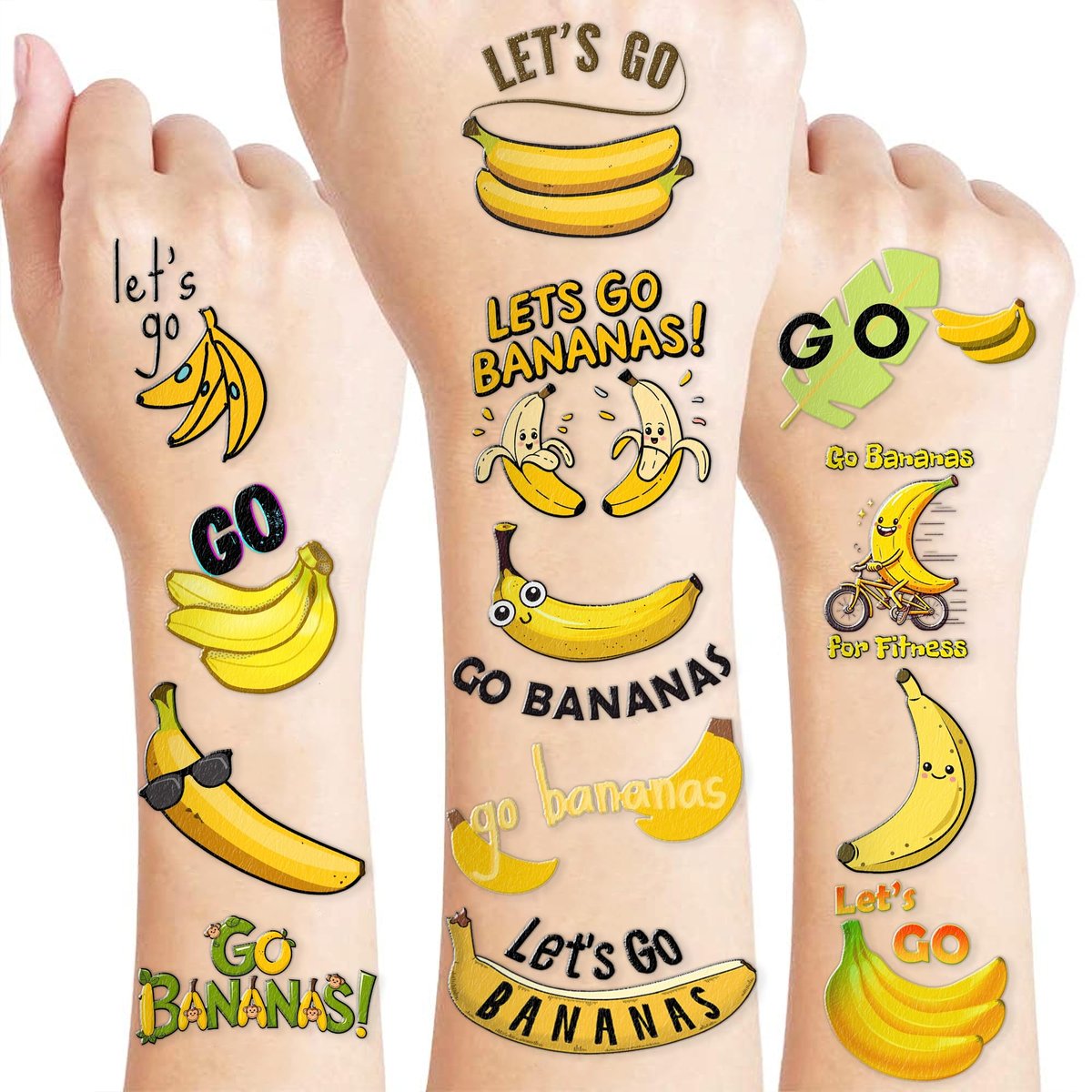 Banana Temporary Tattoos 8 Sheets 96PCS - Yellow Fruit Face Stickers for Kids & Adults, Game Day Sports Fan Accessories, Party Favors Decorations for Boys Girls School Carnival Prizes - görsel 1