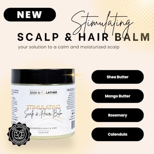 Bask & Lather Stimulating Scalp and Hair Balm for Hair Growth - Mango & Shea Butter, Jojoba Oil, Peppermint & Rosemary Oil, Vitamin E - Nourishing Scalp Care, Moisture, Shine & Strength, 6 oz Avelisse