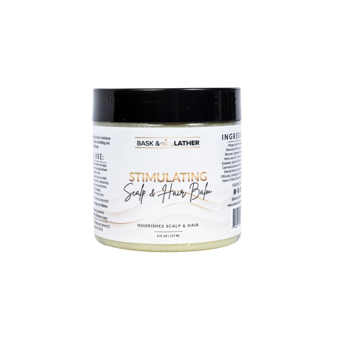 Bask & Lather Stimulating Scalp and Hair Balm for Hair Growth - Mango & Shea Butter, Jojoba Oil, Peppermint & Rosemary Oil, Vitamin E - Nourishing Scalp Care, Moisture, Shine & Strength, 6 oz Avelisse