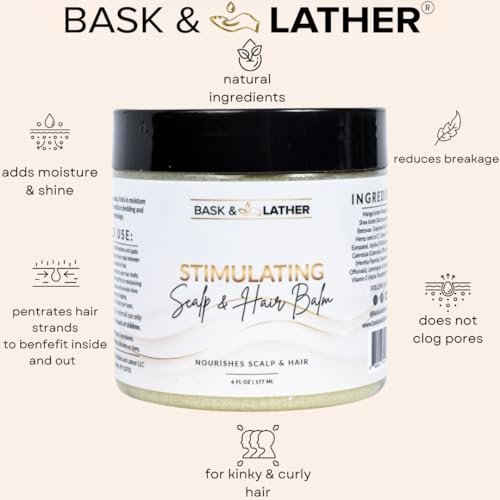 Bask & Lather Stimulating Scalp and Hair Balm for Hair Growth - Mango & Shea Butter, Jojoba Oil, Peppermint & Rosemary Oil, Vitamin E - Nourishing Scalp Care, Moisture, Shine & Strength, 6 oz Avelisse