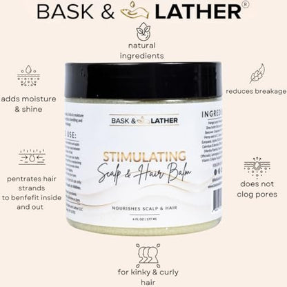 Bask & Lather Stimulating Scalp and Hair Balm for Hair Growth - Mango & Shea Butter, Jojoba Oil, Peppermint & Rosemary Oil, Vitamin E - Nourishing Scalp Care, Moisture, Shine & Strength, 6 oz Avelisse