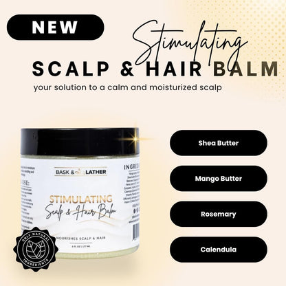 Bask & Lather Stimulating Scalp and Hair Balm for Hair Growth - Mango & Shea Butter, Jojoba Oil, Peppermint & Rosemary Oil, Vitamin E - Nourishing Scalp Care, Moisture, Shine & Strength, 6 oz Avelisse