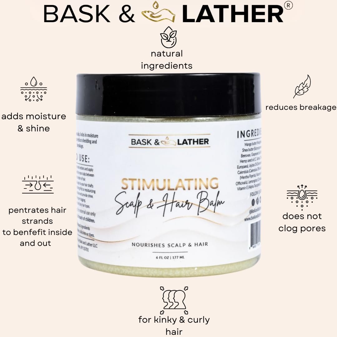 Bask & Lather Stimulating Scalp and Hair Balm for Hair Growth - Mango & Shea Butter, Jojoba Oil, Peppermint & Rosemary Oil, Vitamin E - Nourishing Scalp Care, Moisture, Shine & Strength, 6 oz Avelisse