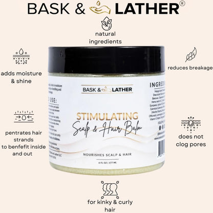 Bask & Lather Stimulating Scalp and Hair Balm for Hair Growth - Mango & Shea Butter, Jojoba Oil, Peppermint & Rosemary Oil, Vitamin E - Nourishing Scalp Care, Moisture, Shine & Strength, 6 oz Avelisse