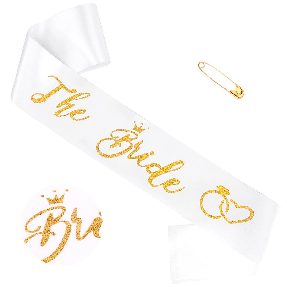 KICOSY White and Gold Glitter Bride Sash – Bachelorette Party Bridal Sash for Wedding Bride to Be Decorations - görsel 1