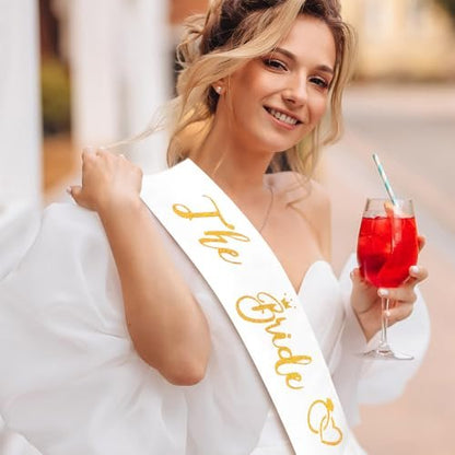 KICOSY White and Gold Glitter Bride Sash – Bachelorette Party Bridal Sash for Wedding Bride to Be Decorations