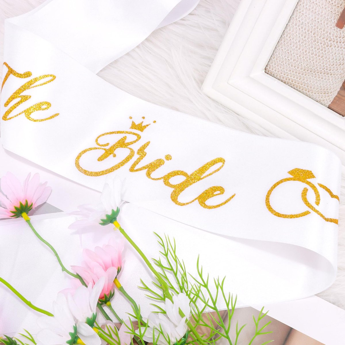 KICOSY White and Gold Glitter Bride Sash – Bachelorette Party Bridal Sash for Wedding Bride to Be Decorations - görsel 5