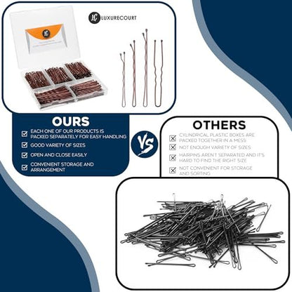 300 Pack Brown Bobby Pins Set by Luxurecourt – 3 Assorted Sizes of Large and Small Premium Bobby Pins + Regular U Shaped Hair Pins for Buns, Updo Style – Nonslip with Rounded Ends