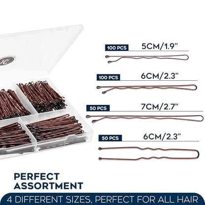 300 Pack Brown Bobby Pins Set by Luxurecourt – 3 Assorted Sizes of Large and Small Premium Bobby Pins + Regular U Shaped Hair Pins for Buns, Updo Style – Nonslip with Rounded Ends