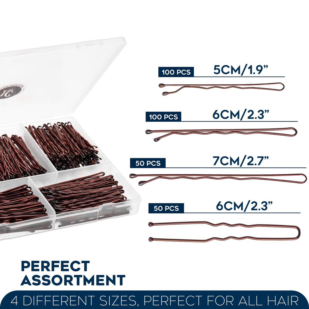300 Pack Brown Bobby Pins Set by Luxurecourt – 3 Assorted Sizes of Large and Small Premium Bobby Pins + Regular U Shaped Hair Pins for Buns, Updo Style – Nonslip with Rounded Ends - görsel 3