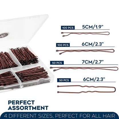 300 Pack Brown Bobby Pins Set by Luxurecourt – 3 Assorted Sizes of Large and Small Premium Bobby Pins + Regular U Shaped Hair Pins for Buns, Updo Style – Nonslip with Rounded Ends