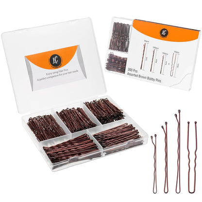 300 Pack Brown Bobby Pins Set by Luxurecourt – 3 Assorted Sizes of Large and Small Premium Bobby Pins + Regular U Shaped Hair Pins for Buns, Updo Style – Nonslip with Rounded Ends