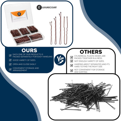 300 Pack Brown Bobby Pins Set by Luxurecourt – 3 Assorted Sizes of Large and Small Premium Bobby Pins + Regular U Shaped Hair Pins for Buns, Updo Style – Nonslip with Rounded Ends