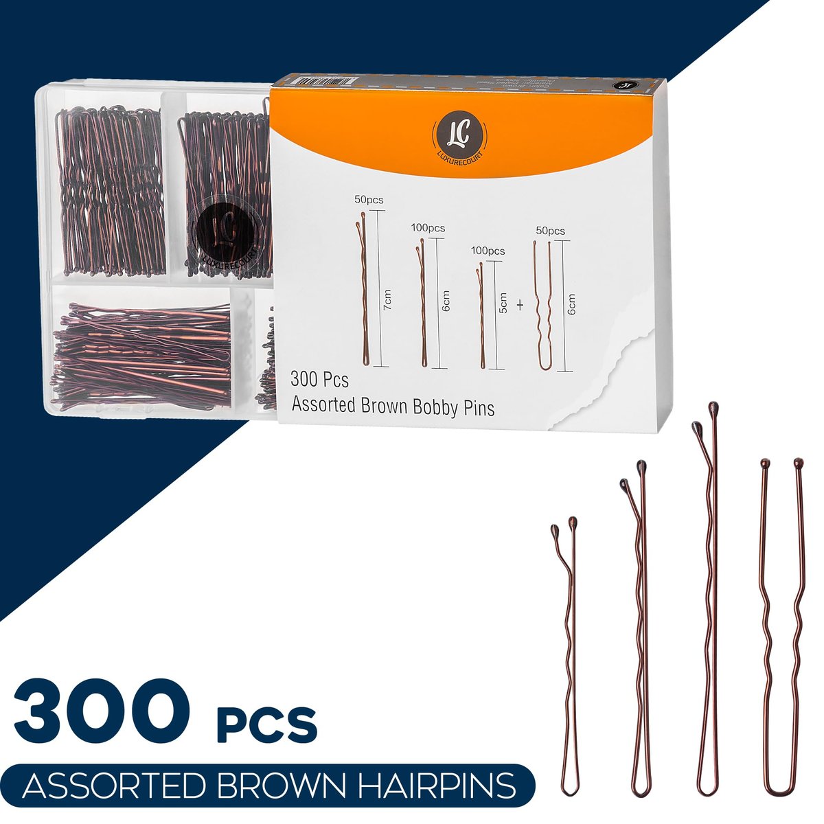 300 Pack Brown Bobby Pins Set by Luxurecourt – 3 Assorted Sizes of Large and Small Premium Bobby Pins + Regular U Shaped Hair Pins for Buns, Updo Style – Nonslip with Rounded Ends - görsel 7