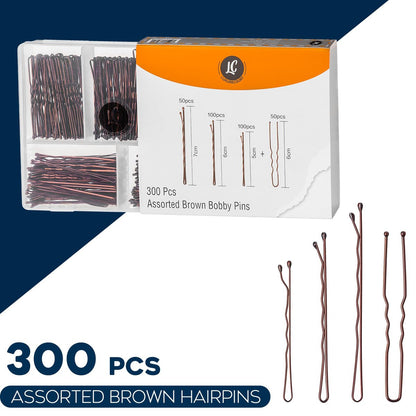 300 Pack Brown Bobby Pins Set by Luxurecourt – 3 Assorted Sizes of Large and Small Premium Bobby Pins + Regular U Shaped Hair Pins for Buns, Updo Style – Nonslip with Rounded Ends