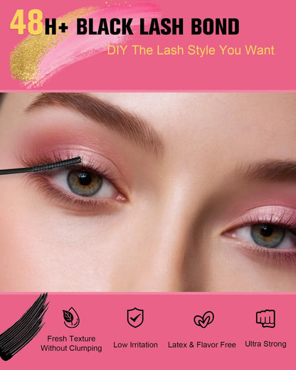 EMEDA 2-in-1 Lash Bond and Seal Waterproof Lash Glue for Eyelash Clusters - Strong Hold 72 Hours, Latex Free, DIY Individual Eyelash Extensions (Black)