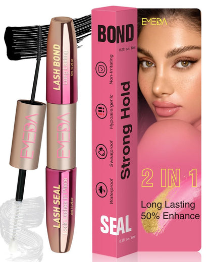 EMEDA 2-in-1 Lash Bond and Seal Waterproof Lash Glue for Eyelash Clusters - Strong Hold 72 Hours, Latex Free, DIY Individual Eyelash Extensions (Black)